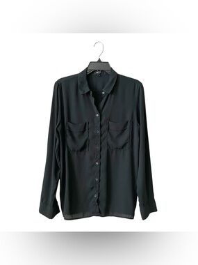 Premise Studio Mixed Media Shirt Women's Size M Dark Green Long Sleeve Pockets